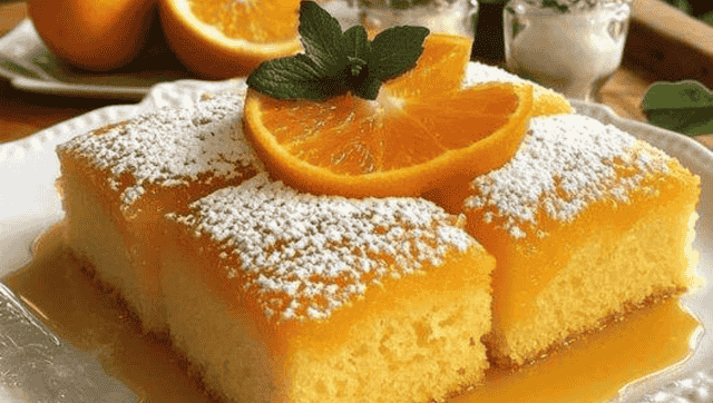 Bolo de Laranja com Calda Doce de Mel e Nozes